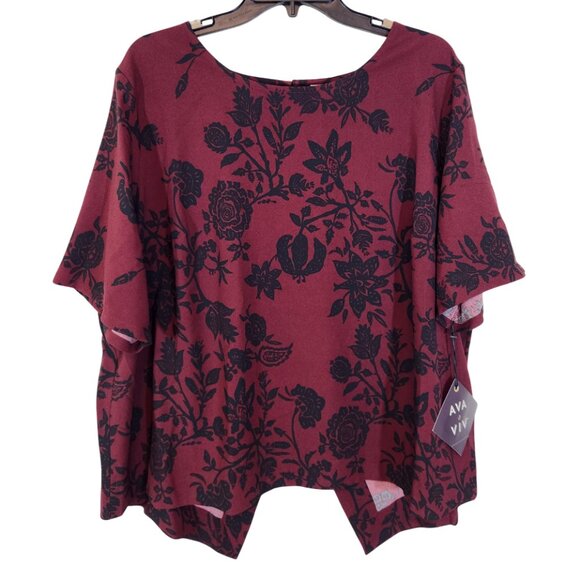 Ava Viv Burgundy Floral Slit-Back SS Blouse 2X - Picture 2 of 7